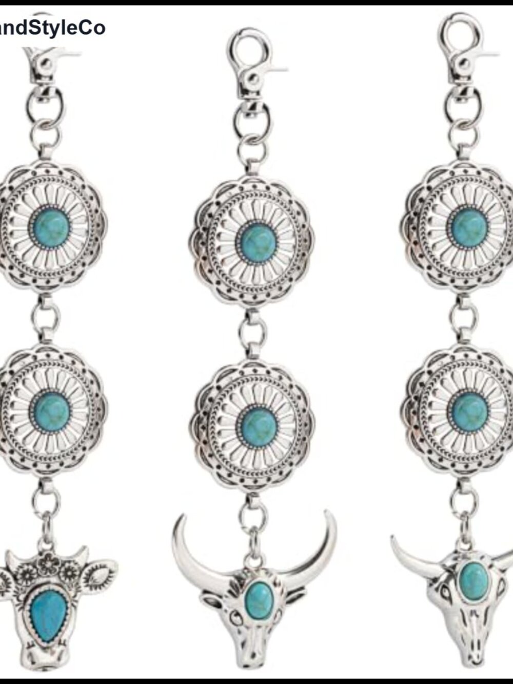 3 Pack Western Bullhead Purse Charms Keychain Silver Metal Turquoise Bag Charms